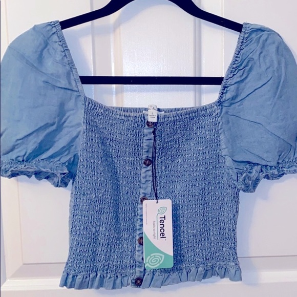 Denim style smocked Crop top Chambray tencel L Cowgirl cowboy - Picture 6 of 7